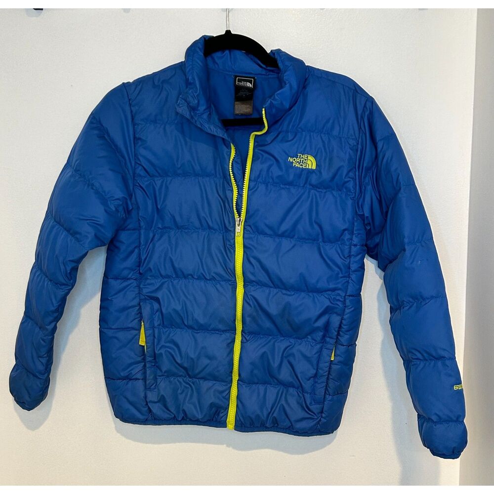 The North Face Boys Aconcagua 550 Down Puffer Jacket Blue Lime Green L 14 16
